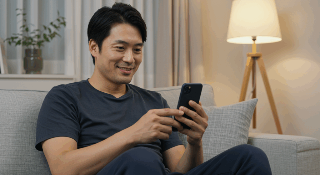 自宅でオンライン診療をスマートフォンで受ける男性