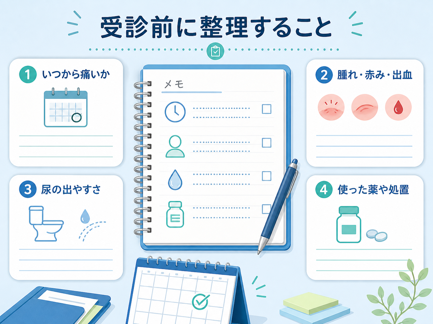 包茎の痛みで受診する前に、症状の経過や腫れ・赤み・出血、尿の出やすさ、使った薬を整理するチェックリスト