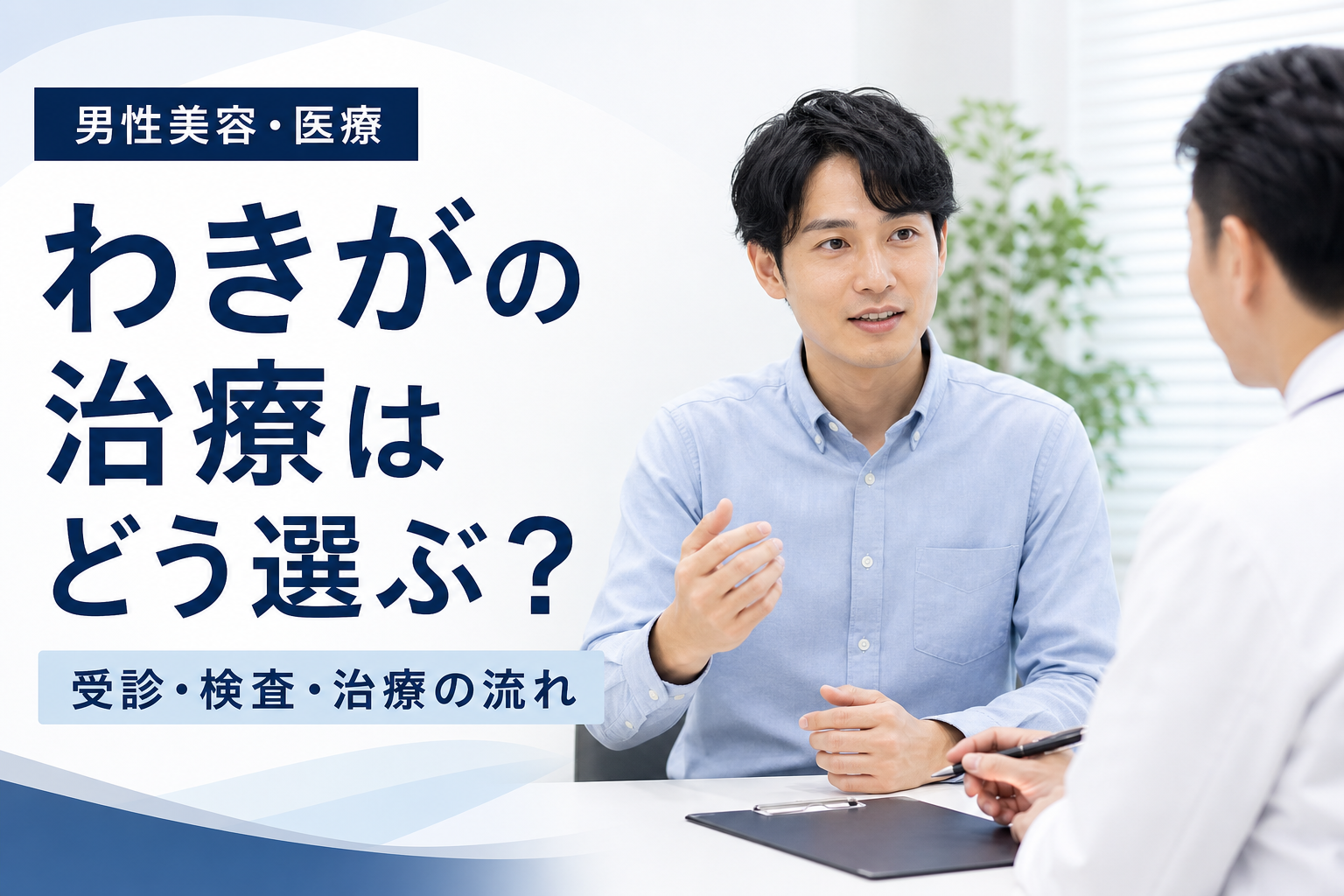 わきがや多汗症の相談を考える男性と医療者を描いた、受診・検査・治療の流れを示すアイキャッチ
